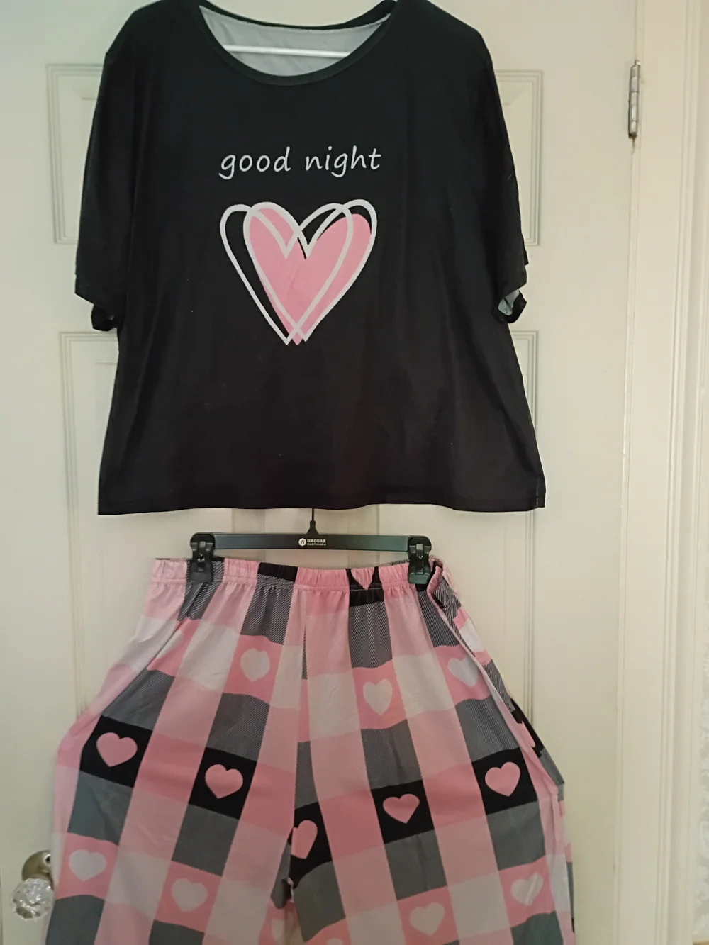 Black 'Good Night' Heart Pajama Set with Pink Heart Plaid Shorts